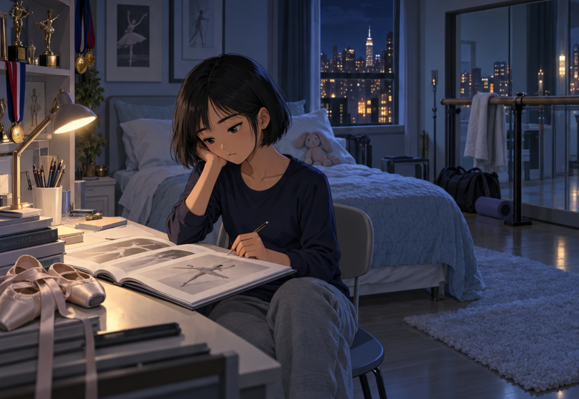 Chapel studies alone in her bedroom at night, surrounded by ballet books, medals and shoes, with New York lights outside her window.