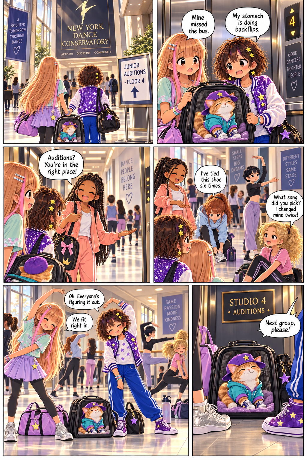 The girls meet other dancers in the hallway and feel less nervous.