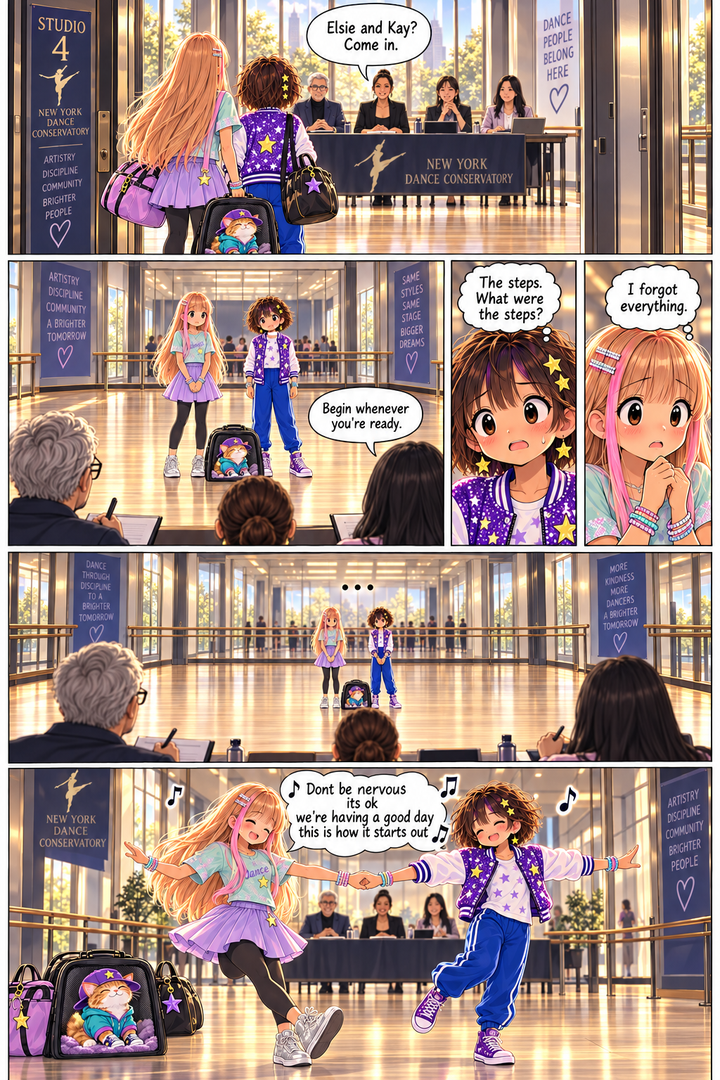 The audition begins. They forget their routine, then invent a song together.
