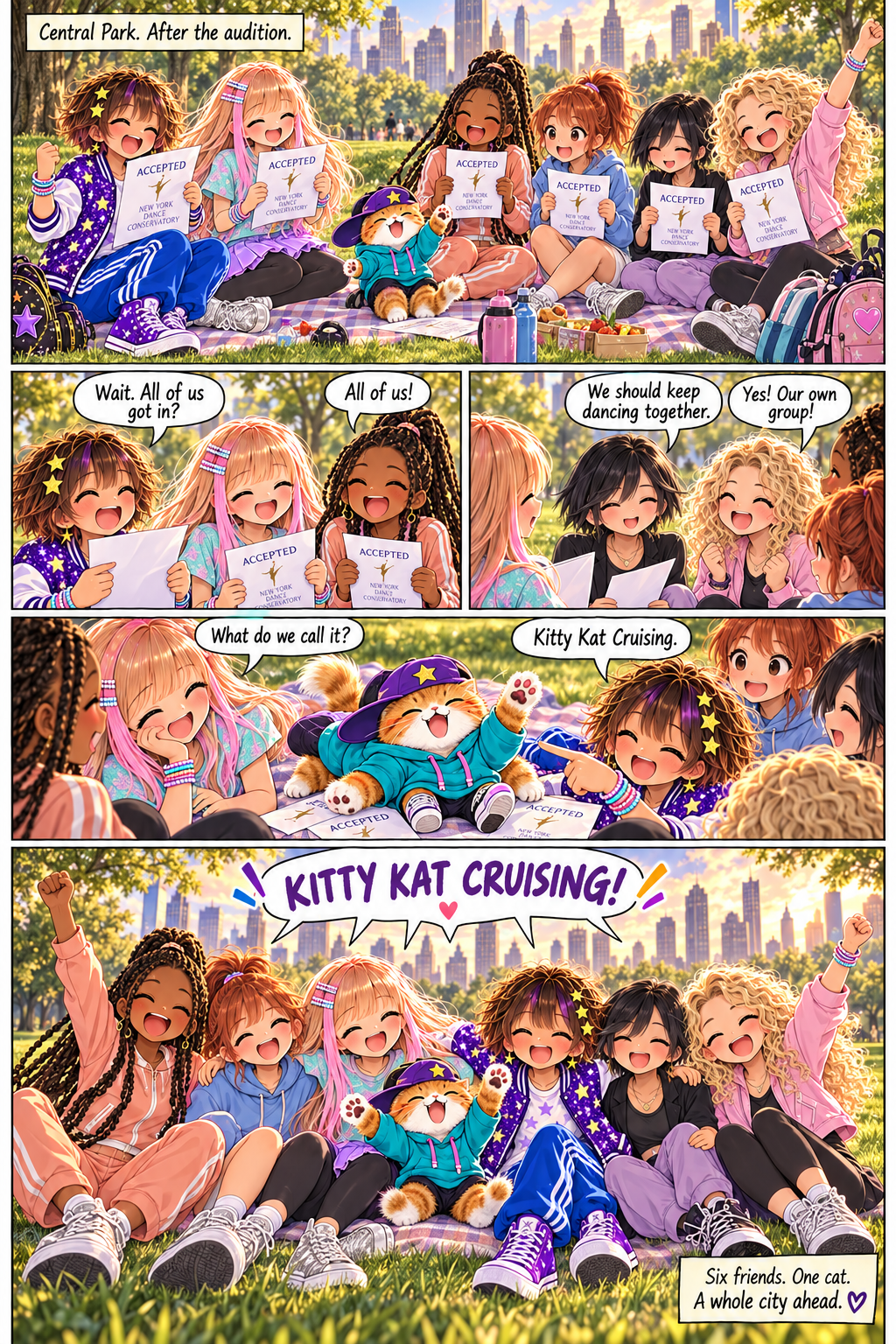 Six friends celebrate their acceptance in Central Park and form Kitty Kat Cruising.