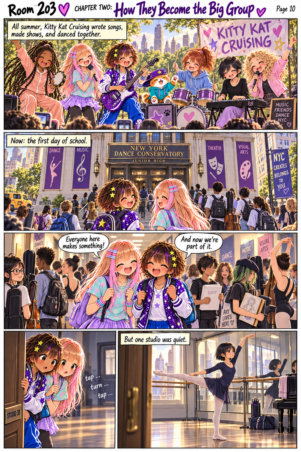 Chapter 2: After a summer performing together, Kay and Elsie start at the bustling conservatory and discover Chapel practicing alone.
