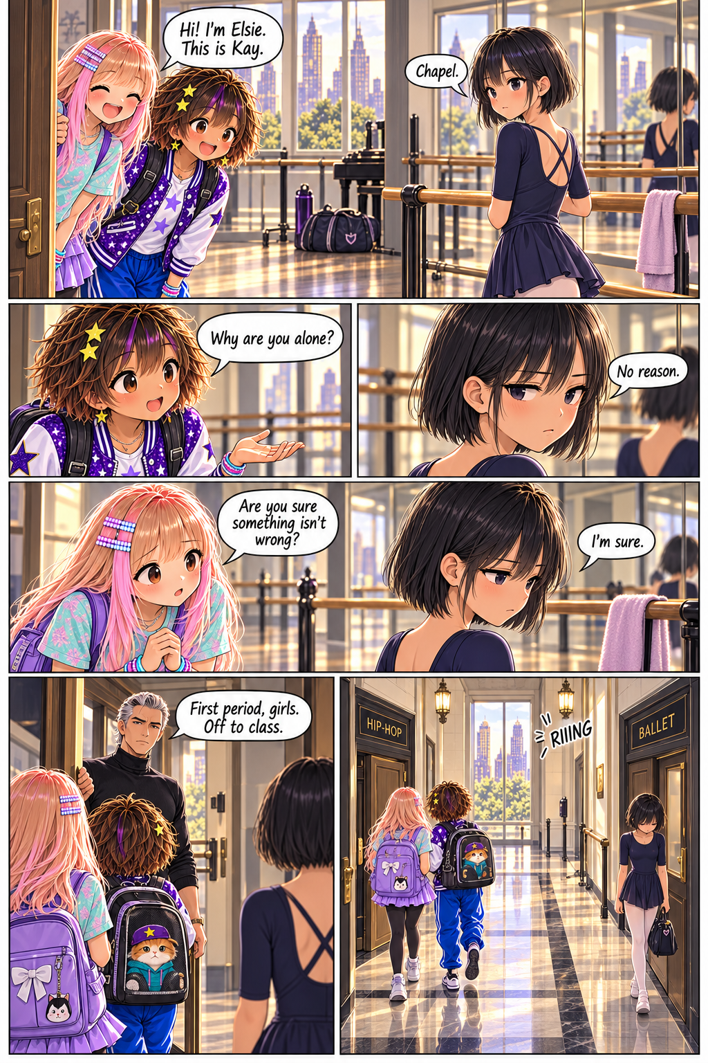 Elsie and Kay introduce themselves to Chapel. She insists nothing is wrong. A teacher sends them to first period, and they leave in different directions.