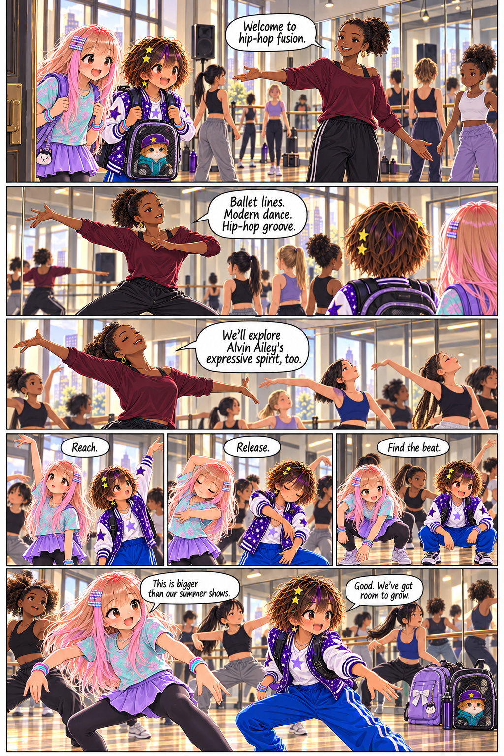 Kay and Elsie begin hip-hop fusion class, exploring ballet, modern dance, Alvin Ailey-inspired expression and hip-hop rhythm.