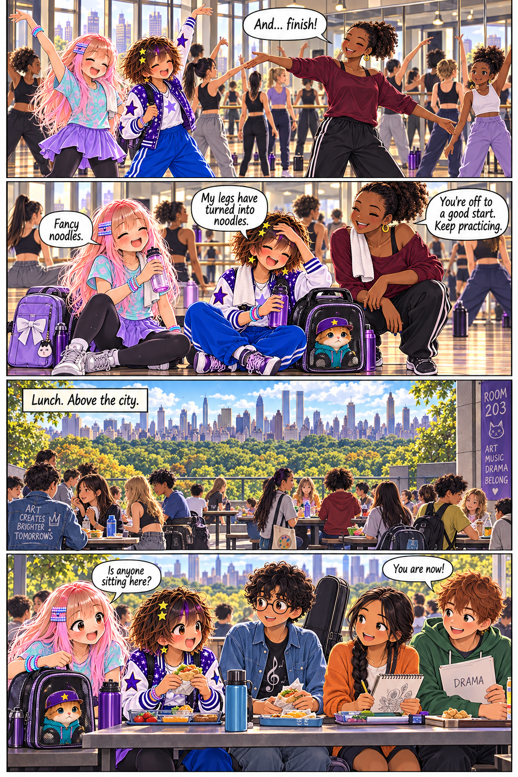 Tired after class, Kay and Elsie receive encouragement to keep practicing. At outdoor lunch overlooking Central Park, new friends welcome them to their table.
