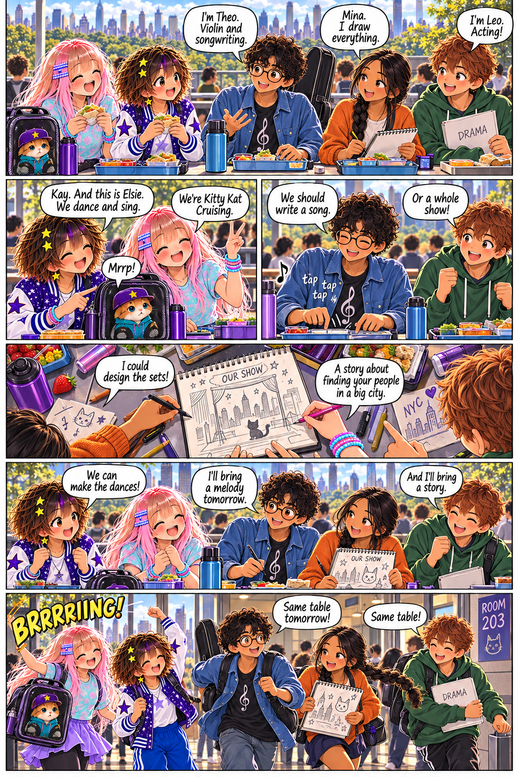 Kay and Elsie meet Theo the musician, Mina the artist and Leo the actor. Together they brainstorm a show about finding friends in the city. The bell rings and they rush to class, promising to meet tomorrow.