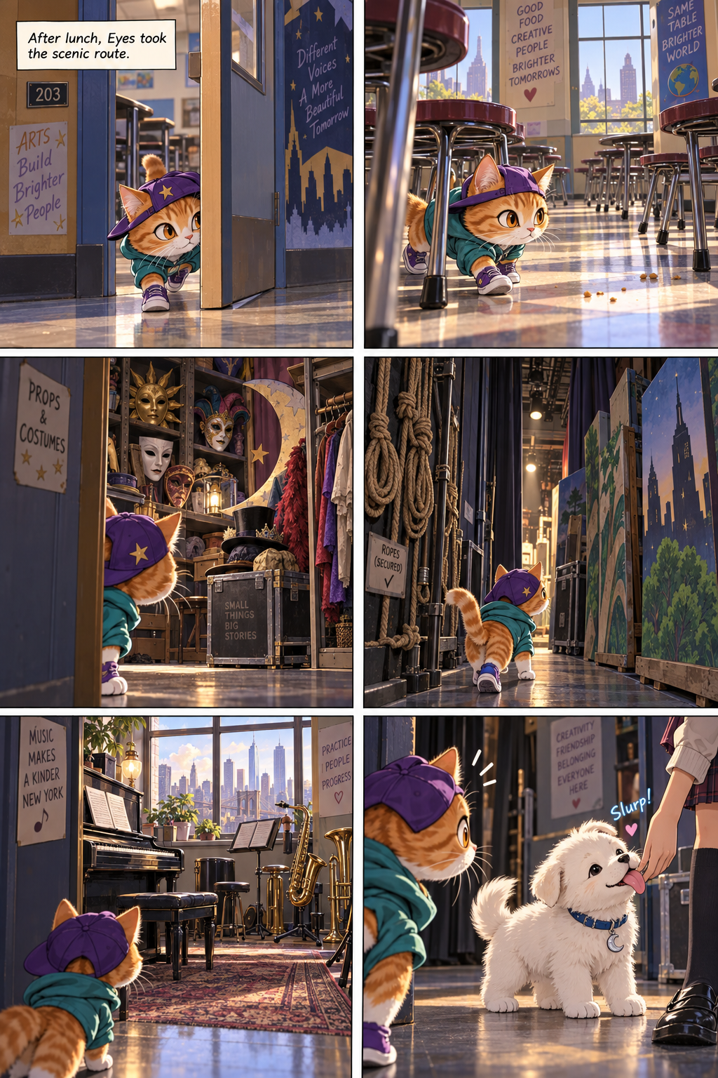 After lunch, Eyes explores the lunchroom, prop storage, backstage passage and music nook before meeting a fluffy white puppy.