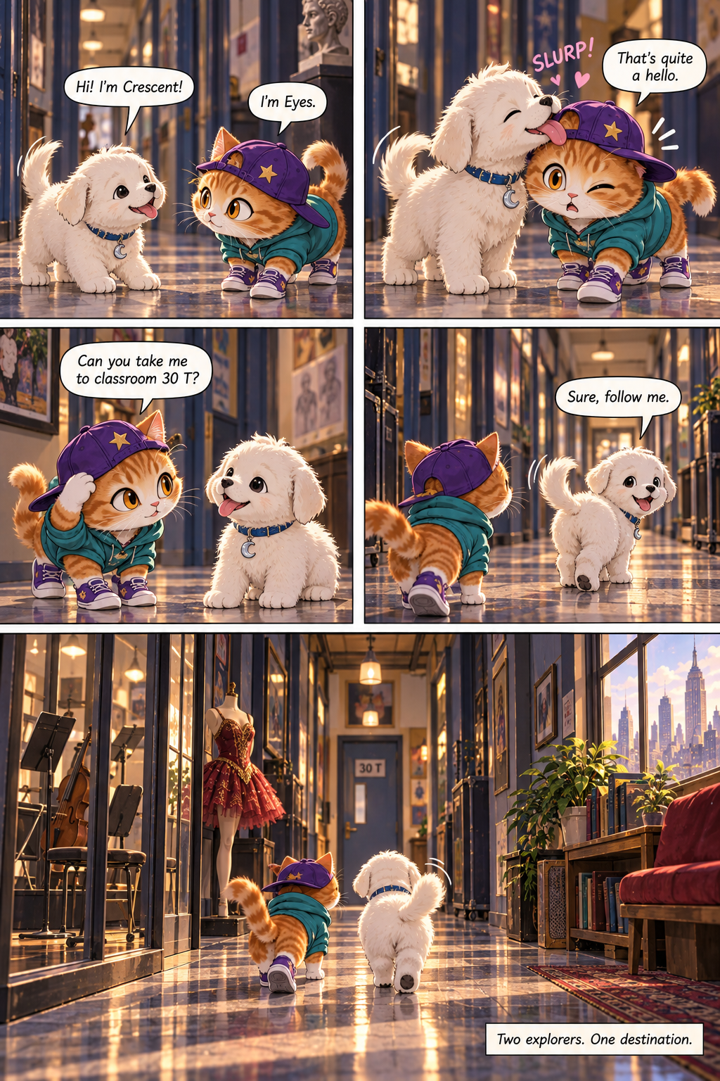 Eyes meets Crescent, a fluffy white puppy who loves licking people. Eyes asks for classroom 30 T. Crescent says, Sure, follow me, and they walk together.
