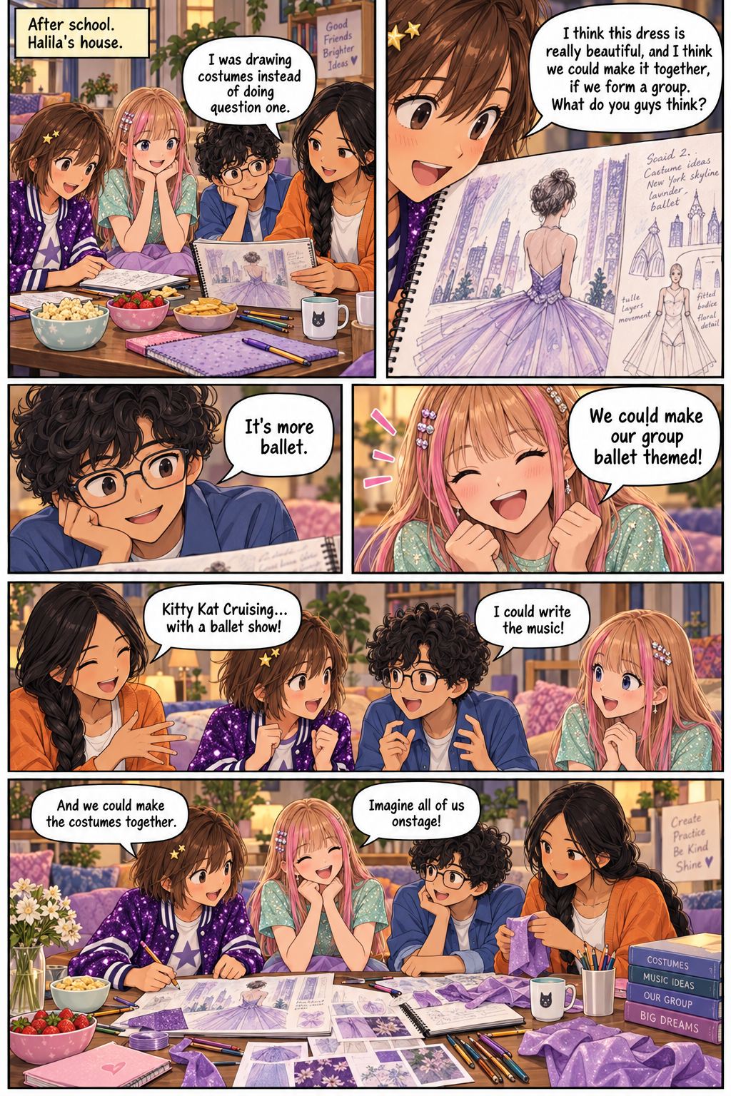 At Halila’s home, Kay admires a lavender dress sketch. The four friends excitedly decide to make costumes together and create a ballet-themed group.