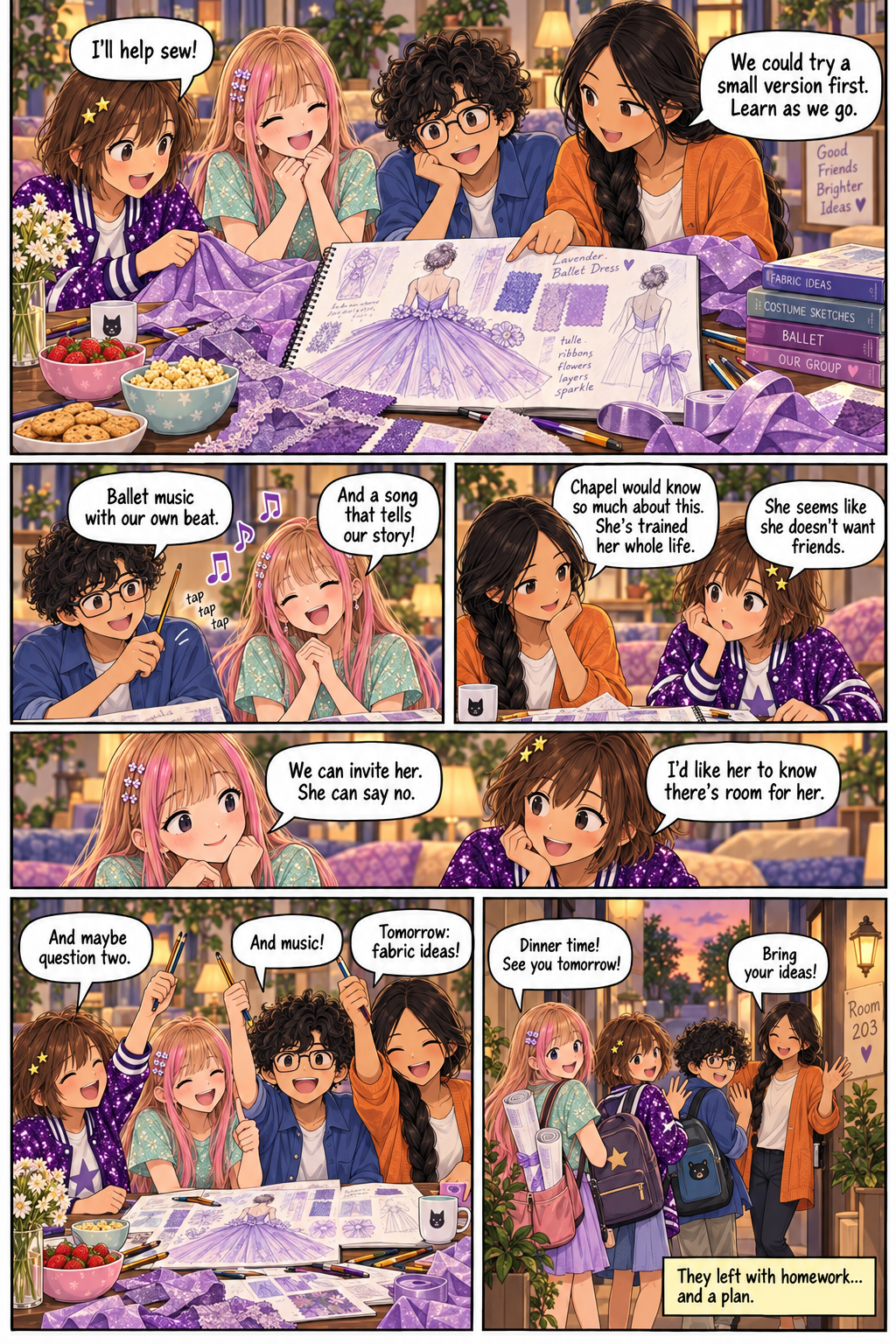 The friends plan costumes and music for their ballet show, briefly discuss inviting Chapel, then leave for dinner with homework and creative plans.