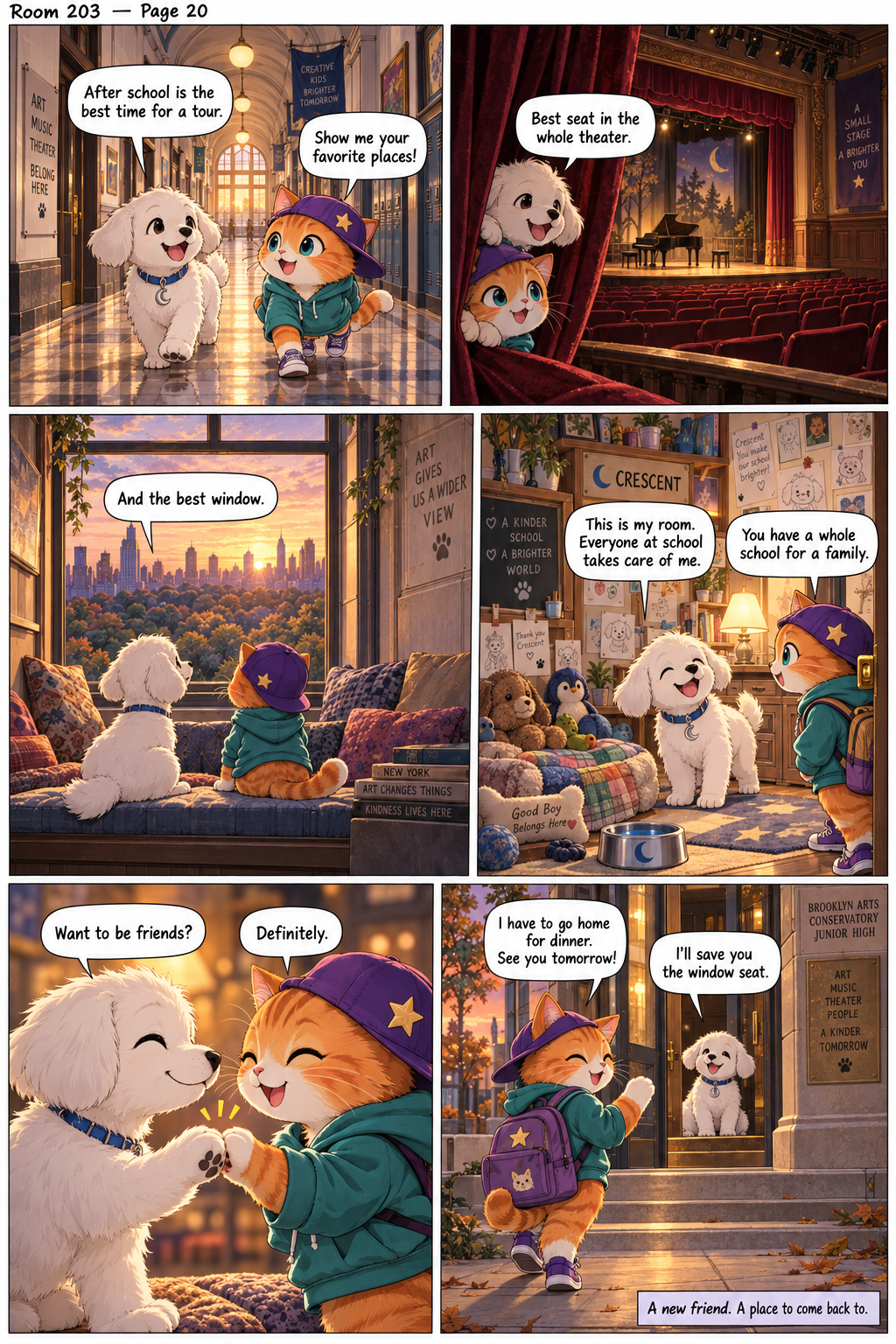 After school, Crescent shows Eyes the theater, a favorite window and his cozy room, where everyone at school cares for him. They become friends, then Eyes heads home for dinner.