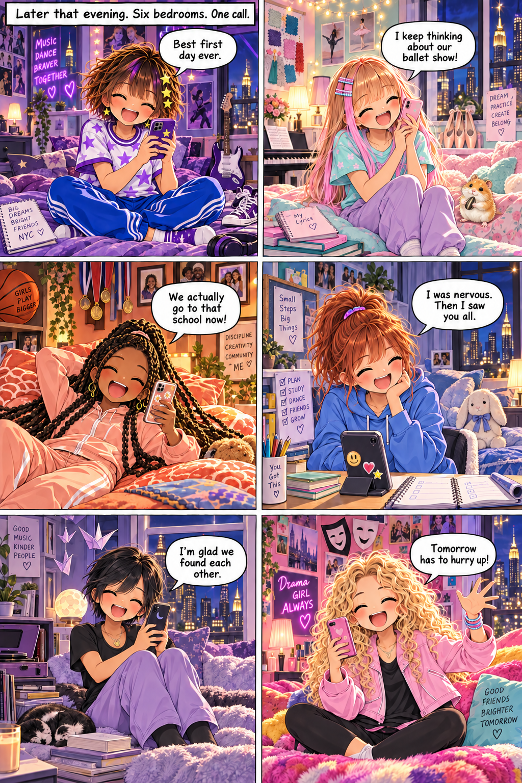 The six girls share a happy group phone call after dinner, each in her own bedroom, remembering their first day.