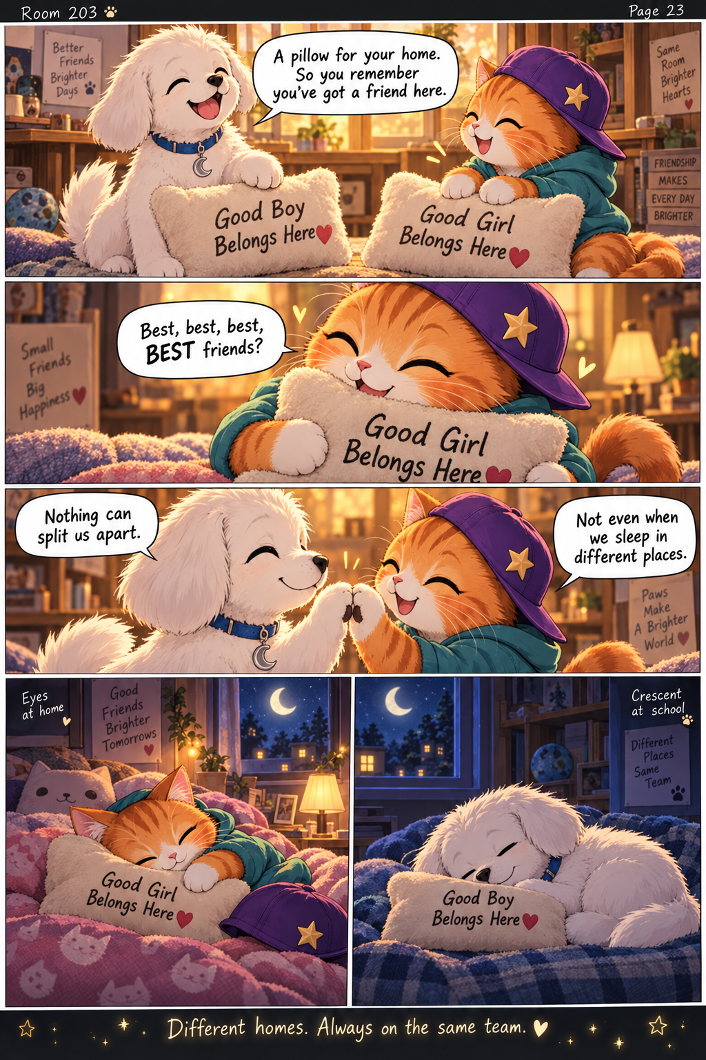 Crescent gives Eyes a matching Good Girl Belongs Here pillow. They promise to be best friends whom nothing can split apart, then sleep in their separate homes with matching pillows.