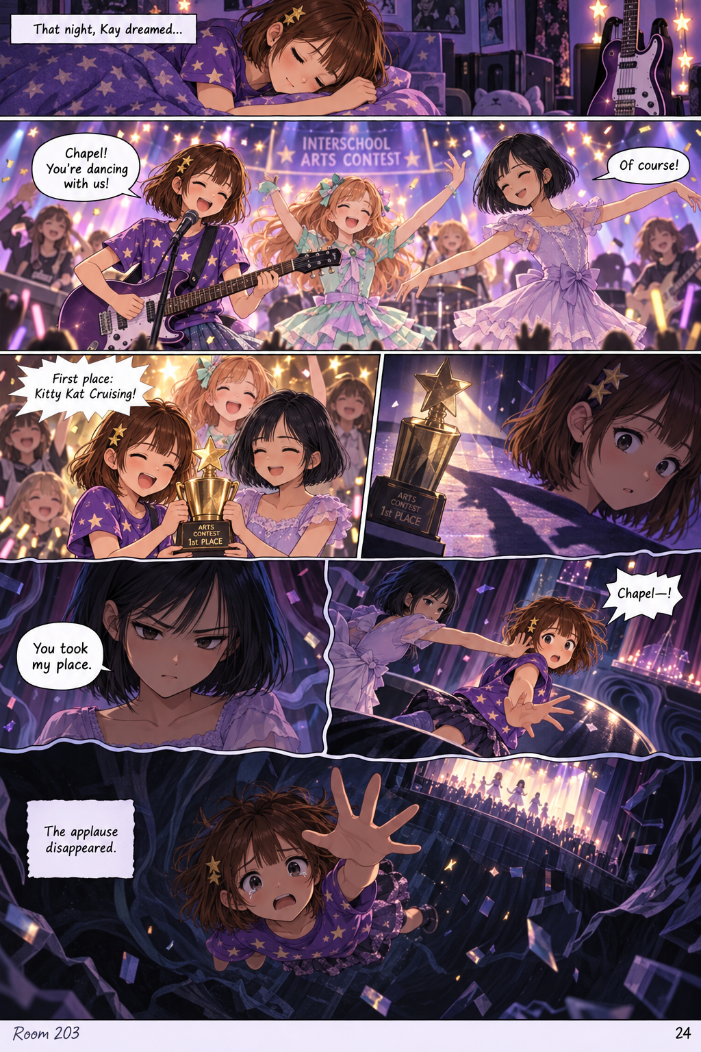 Kay dreams that Chapel performs with the group and they win a contest. The dream becomes a nightmare: an angry dream version of Chapel pushes Kay off the stage, and Kay falls into darkness.