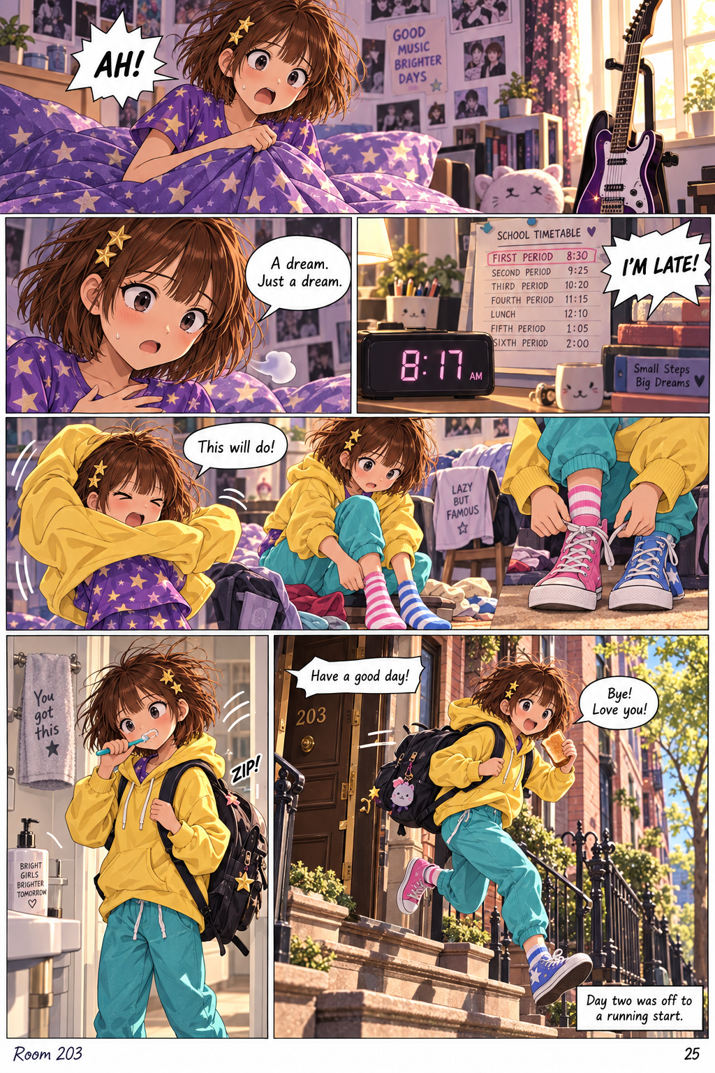 Kay wakes suddenly, realizes the nightmare was only a dream, then sees she is late. She throws on a yellow hoodie, turquoise joggers and mismatched sneakers and rushes out for school.