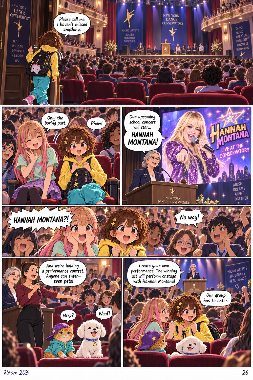 Kay arrives late to assembly. The principal announces Hannah Montana will perform at the school concert. A contest open to everyone, including pets, will choose an act to perform onstage with her. The students cheer.