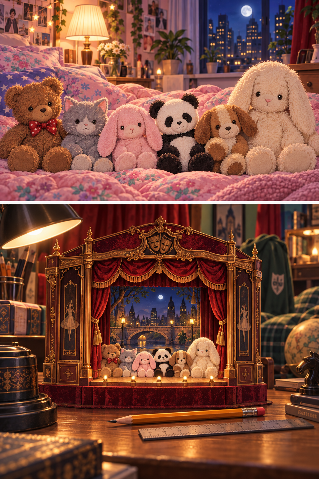 Close-ups of six beloved stuffed animals, including a slightly larger fuzzy cream bunny, and matching tiny replicas on the model opera house stage.